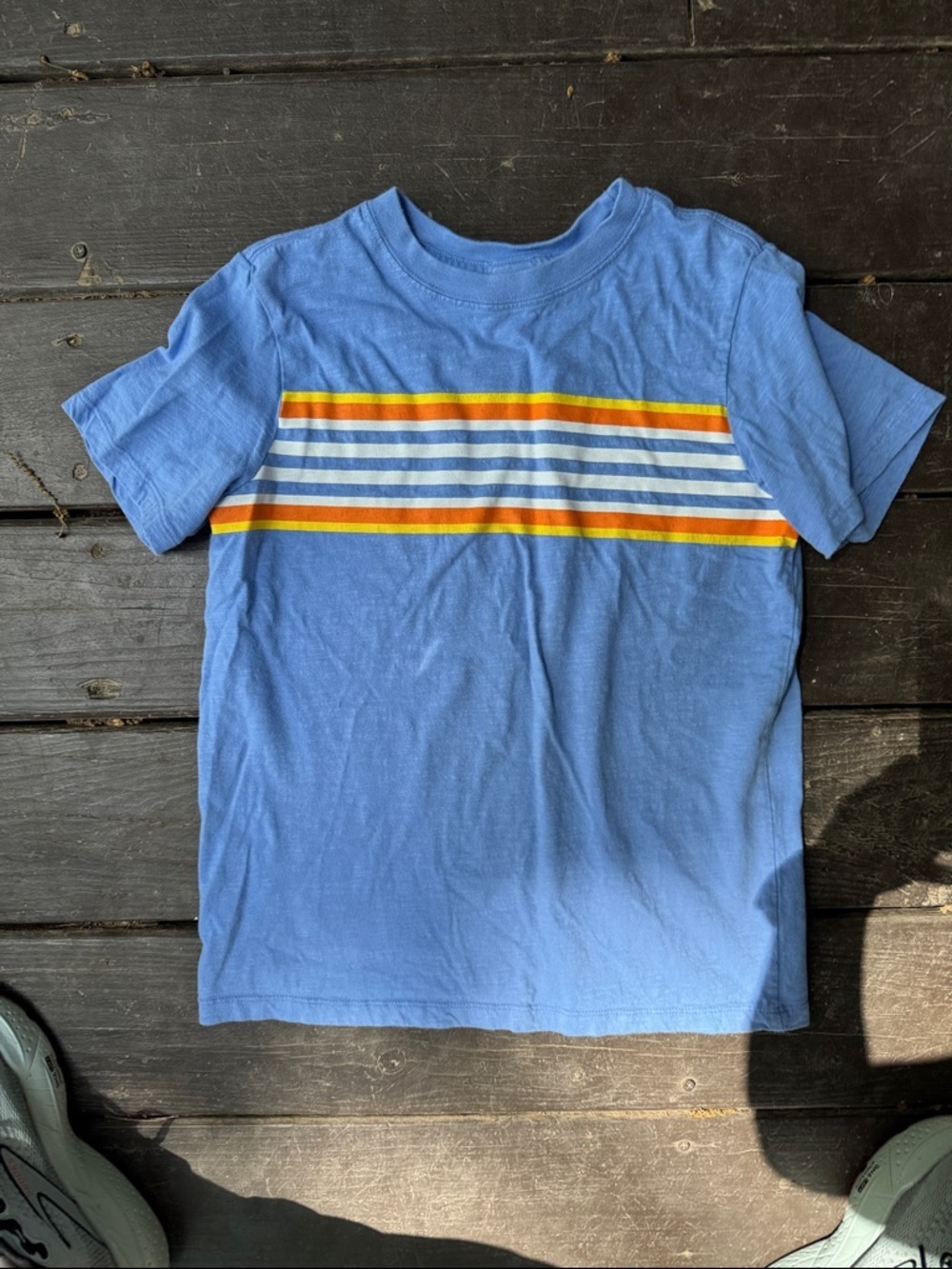 Hanna Andersson Light Blue Short Sleeve Tee with Yellow & Orange Stripes size 10